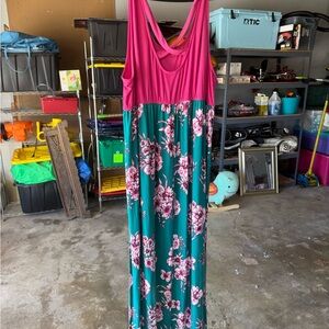 Pink and Teal Floral Maxi Dress